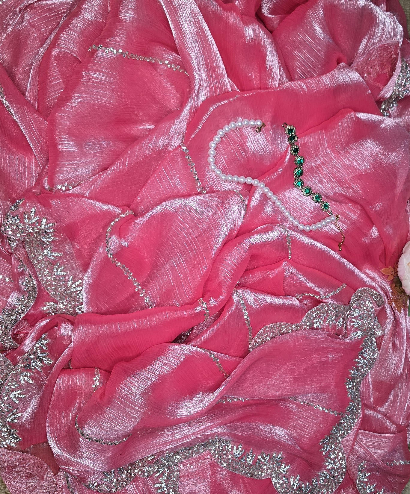 Hot Pink Jimmy Choo Saree with Delicate Embroidery, Silver Cut Dana, and Crystal Detailing
