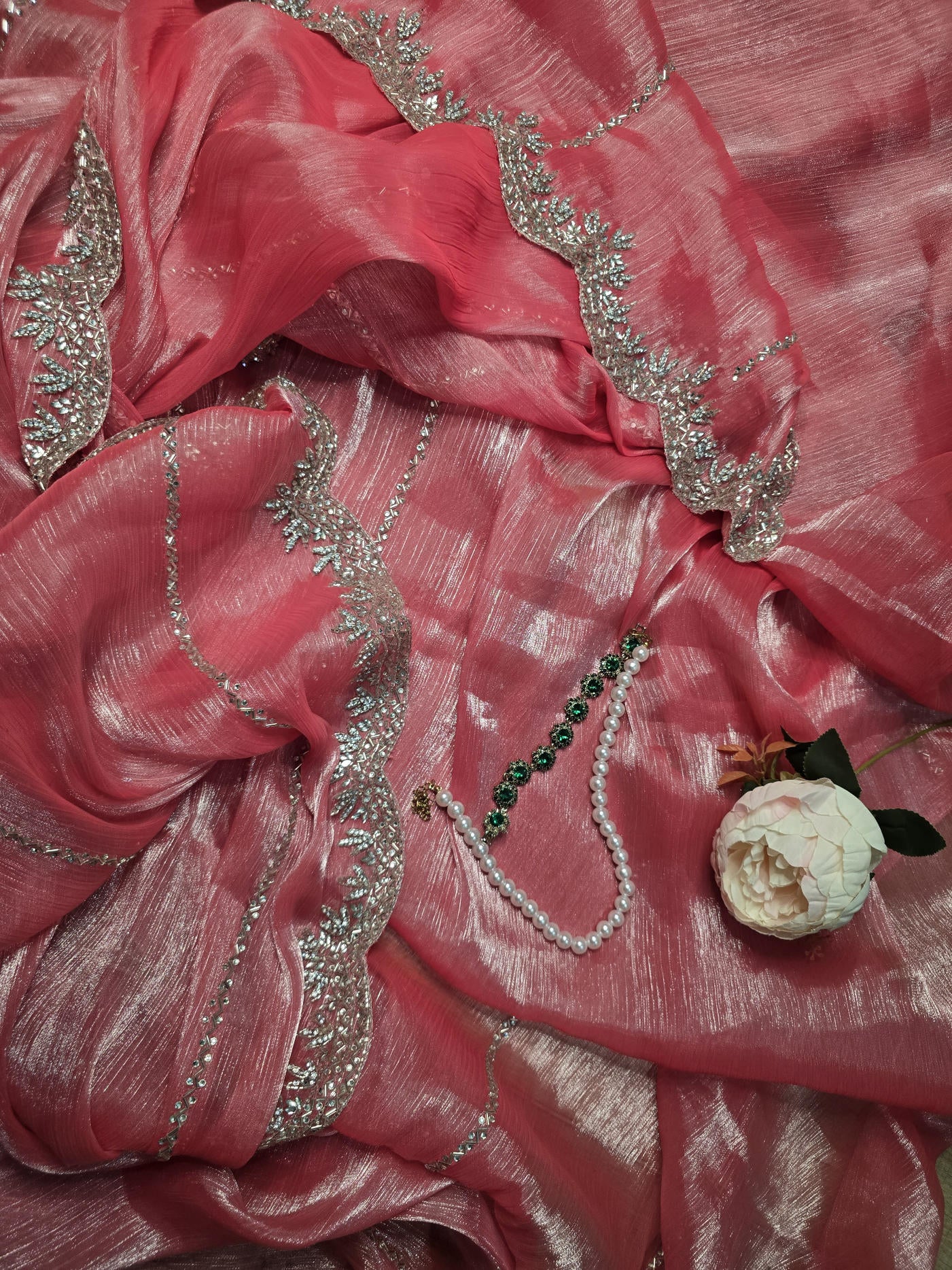 Hot Pink Jimmy Choo Saree with Delicate Embroidery, Silver Cut Dana, and Crystal Detailing