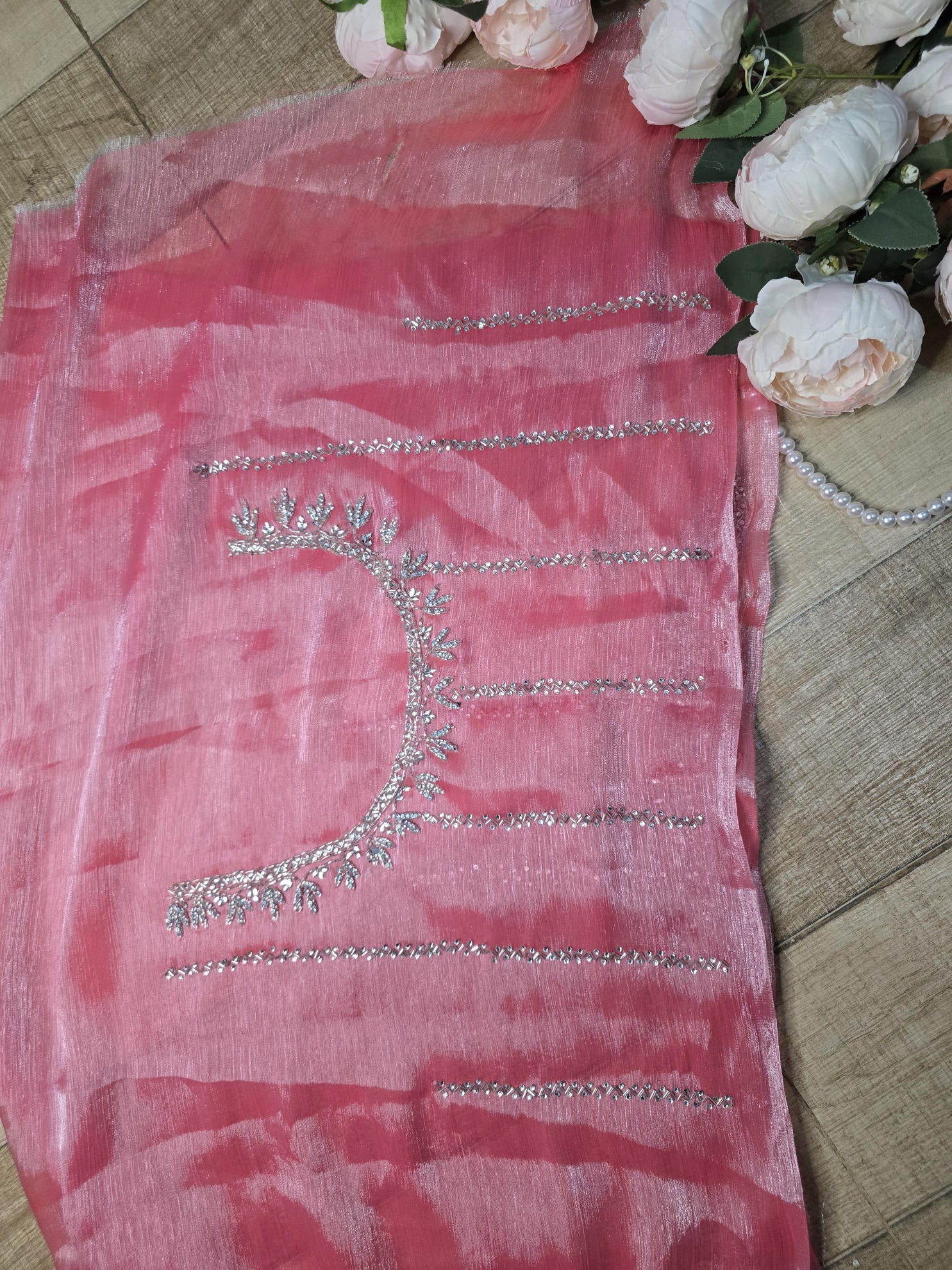 Hot Pink Jimmy Choo Saree with Delicate Embroidery, Silver Cut Dana, and Crystal Detailing
