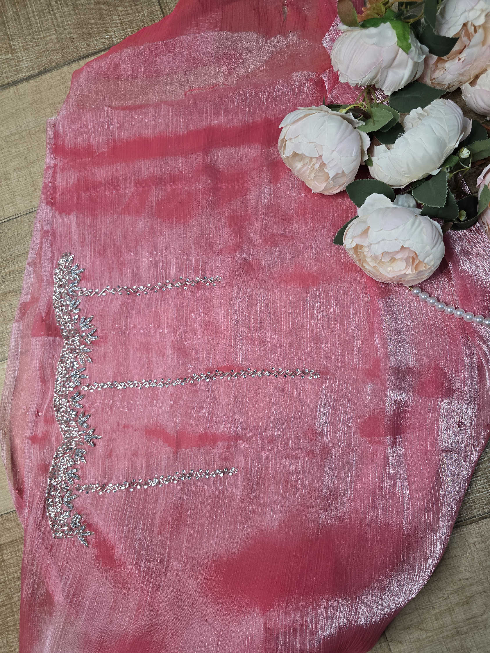Hot Pink Jimmy Choo Saree with Delicate Embroidery, Silver Cut Dana, and Crystal Detailing