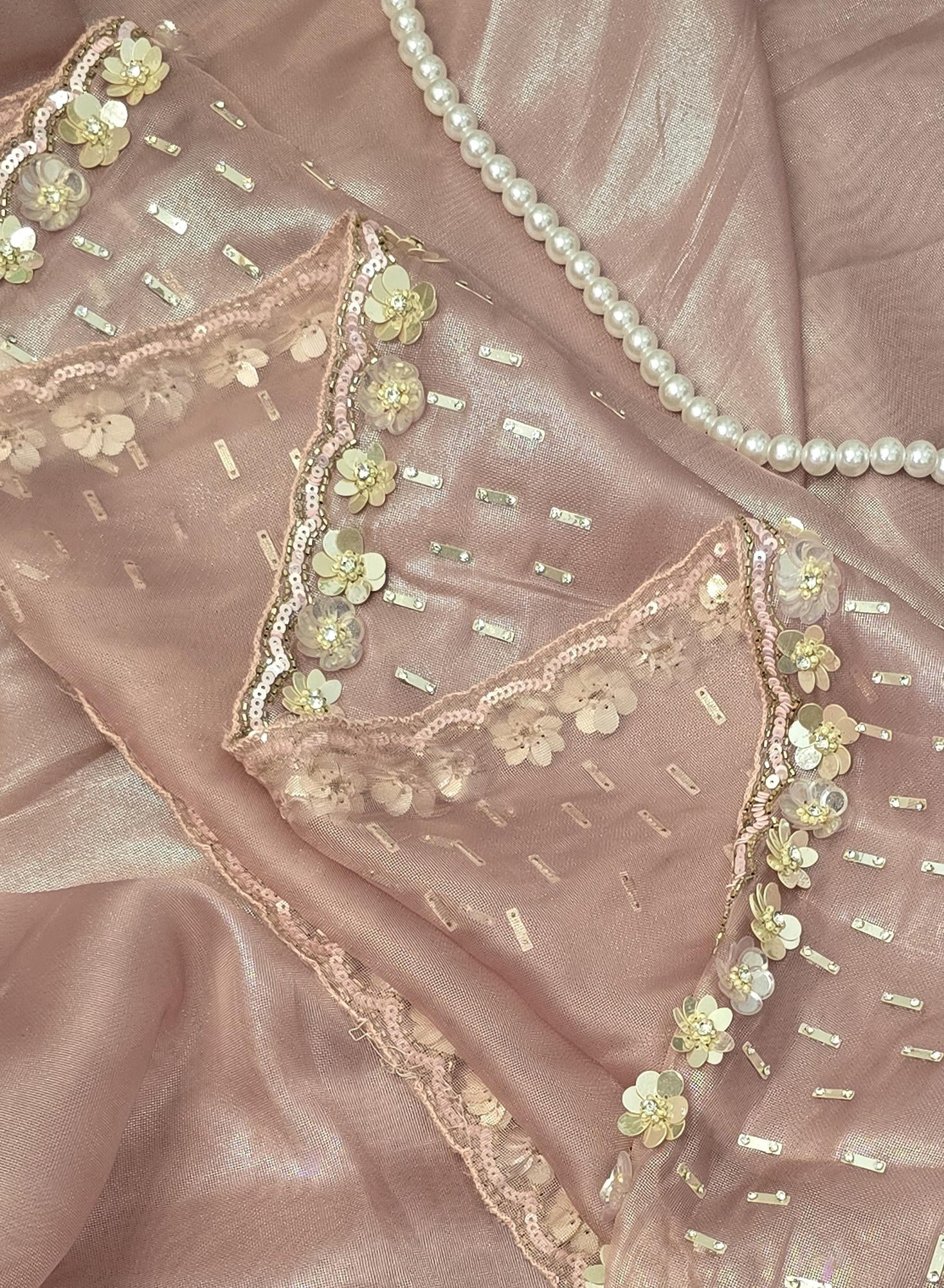 Dusty Pink Soft Net Saree with Delicate Sequin Work and Floral Applique Border
