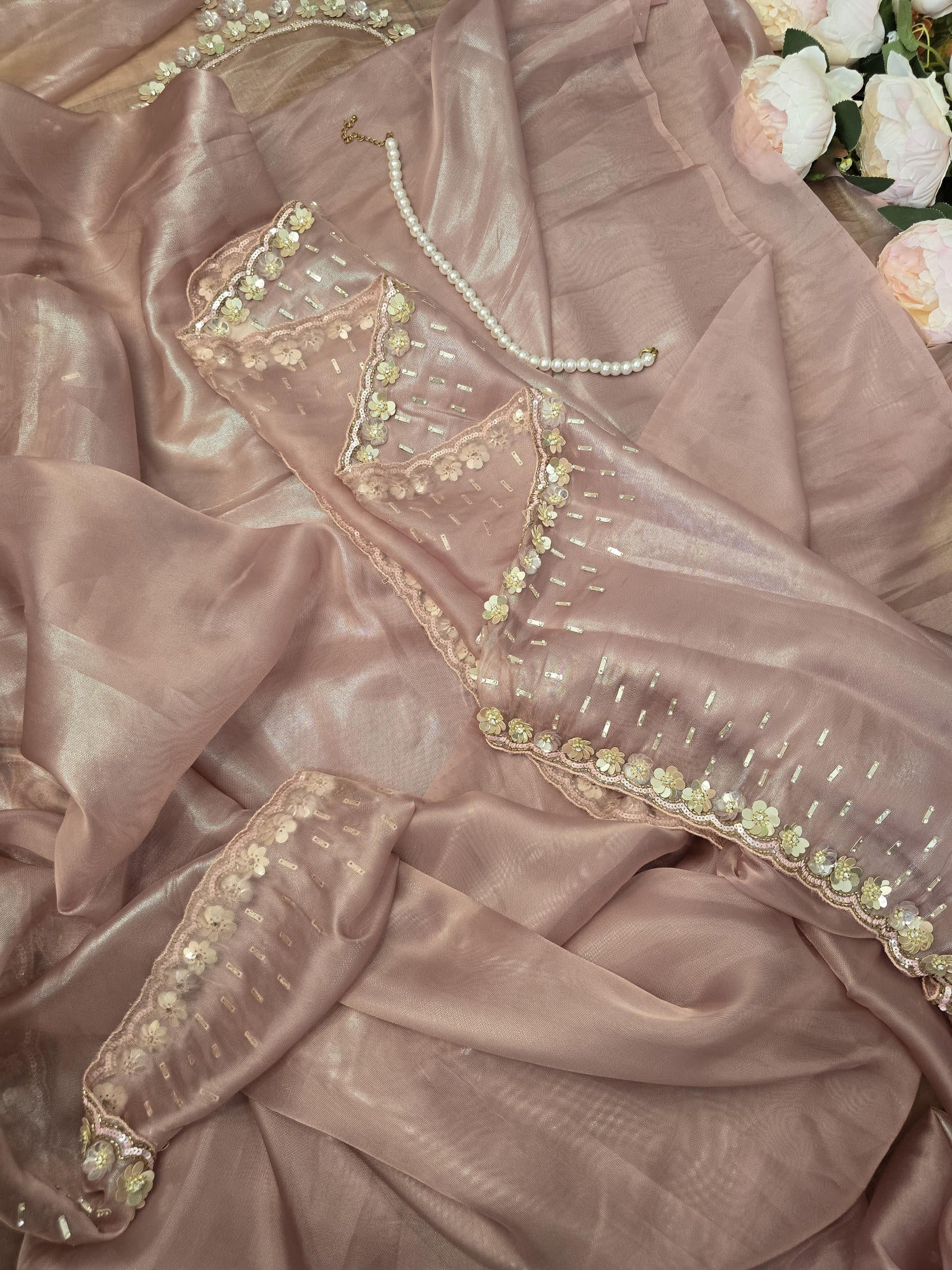 Dusty Pink Soft Net Saree with Delicate Sequin Work and Floral Applique Border