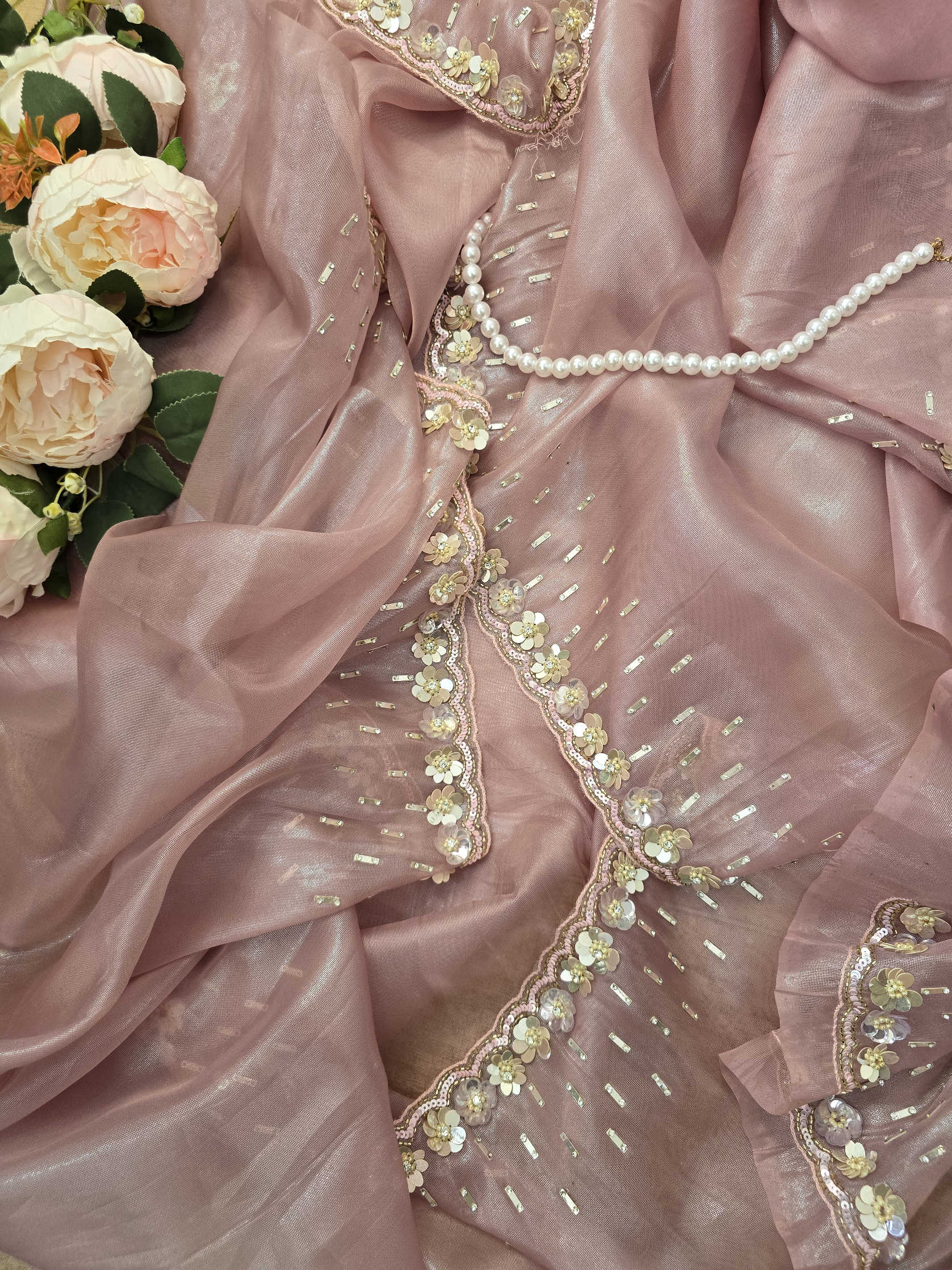 Dusty Pink Soft Net Saree with Delicate Sequin Work and Floral Applique Border