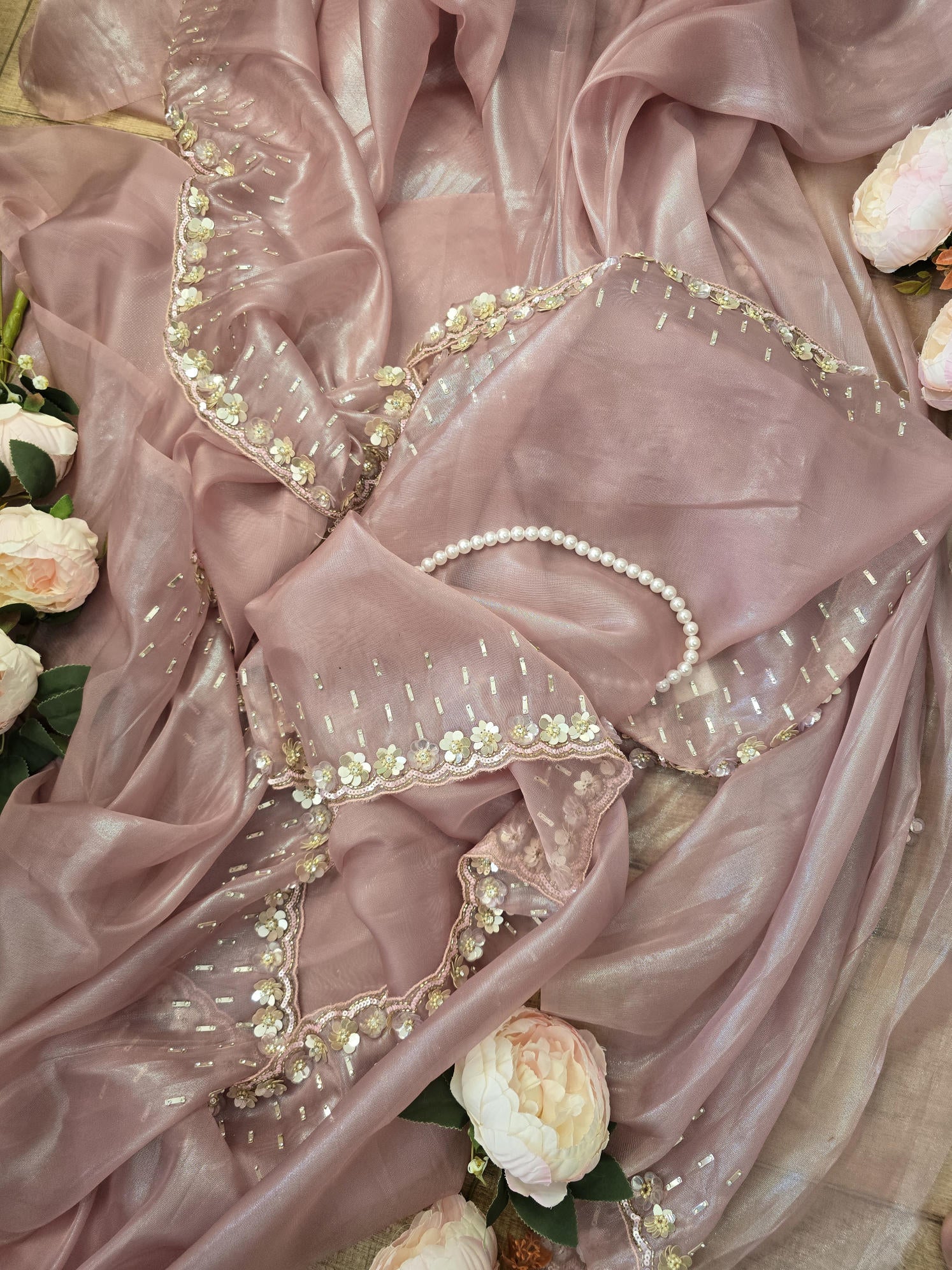 Dusty Pink Soft Net Saree with Delicate Sequin Work and Floral Applique Border