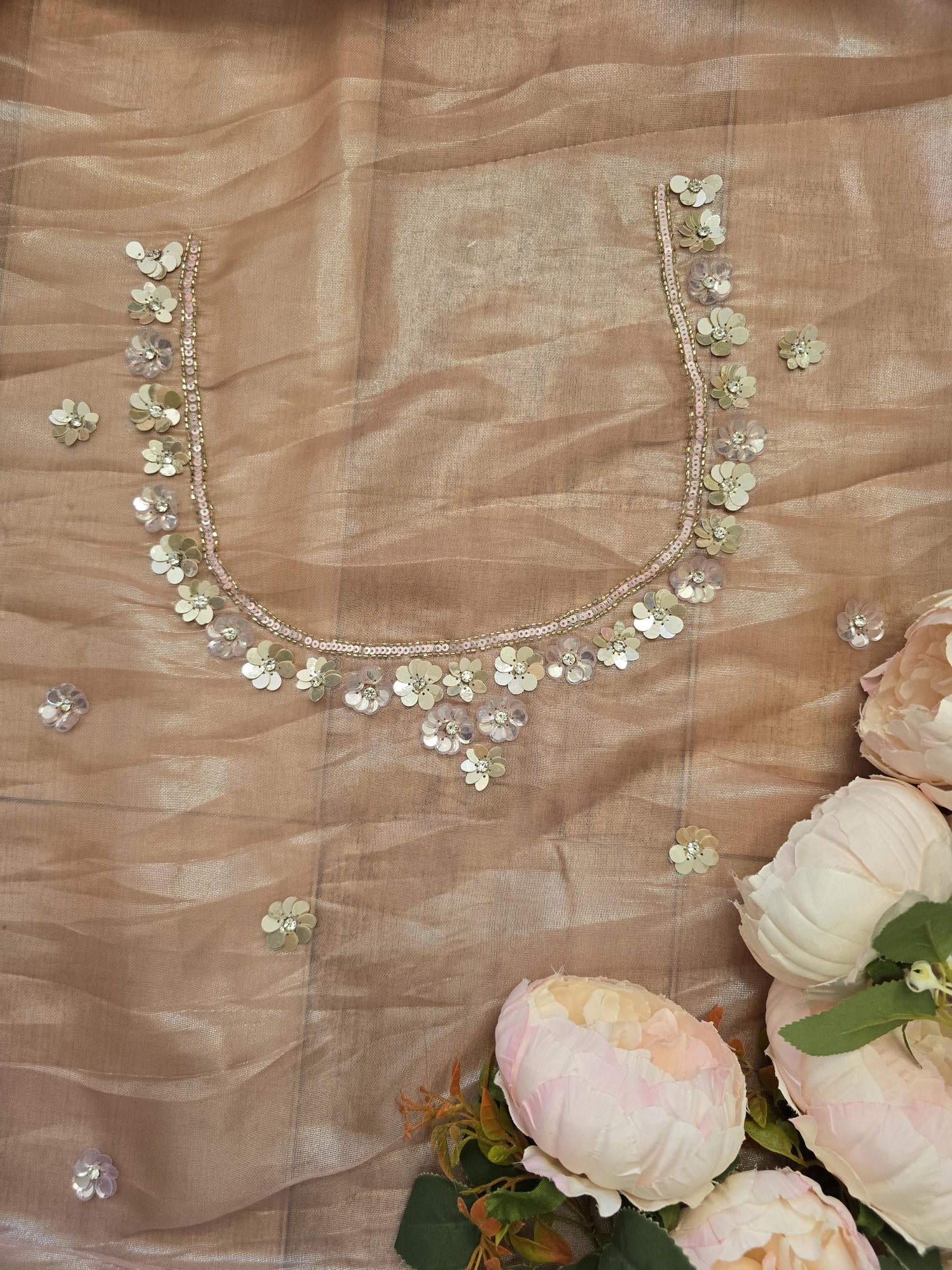 Dusty Pink Soft Net Saree with Delicate Sequin Work and Floral Applique Border