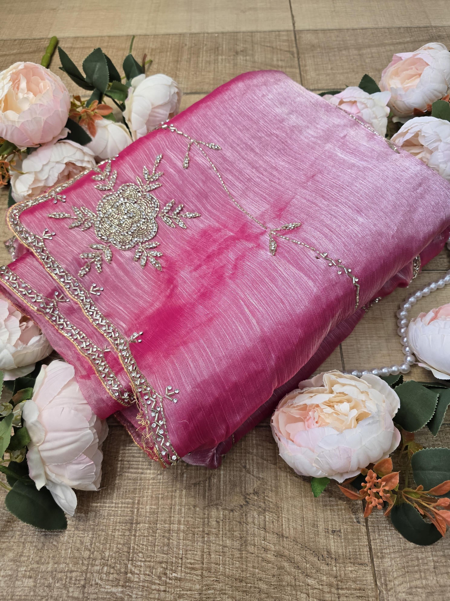 Pink Saree with Intricate Rose Embroidery, Silver Cut Dana, and Stone Work