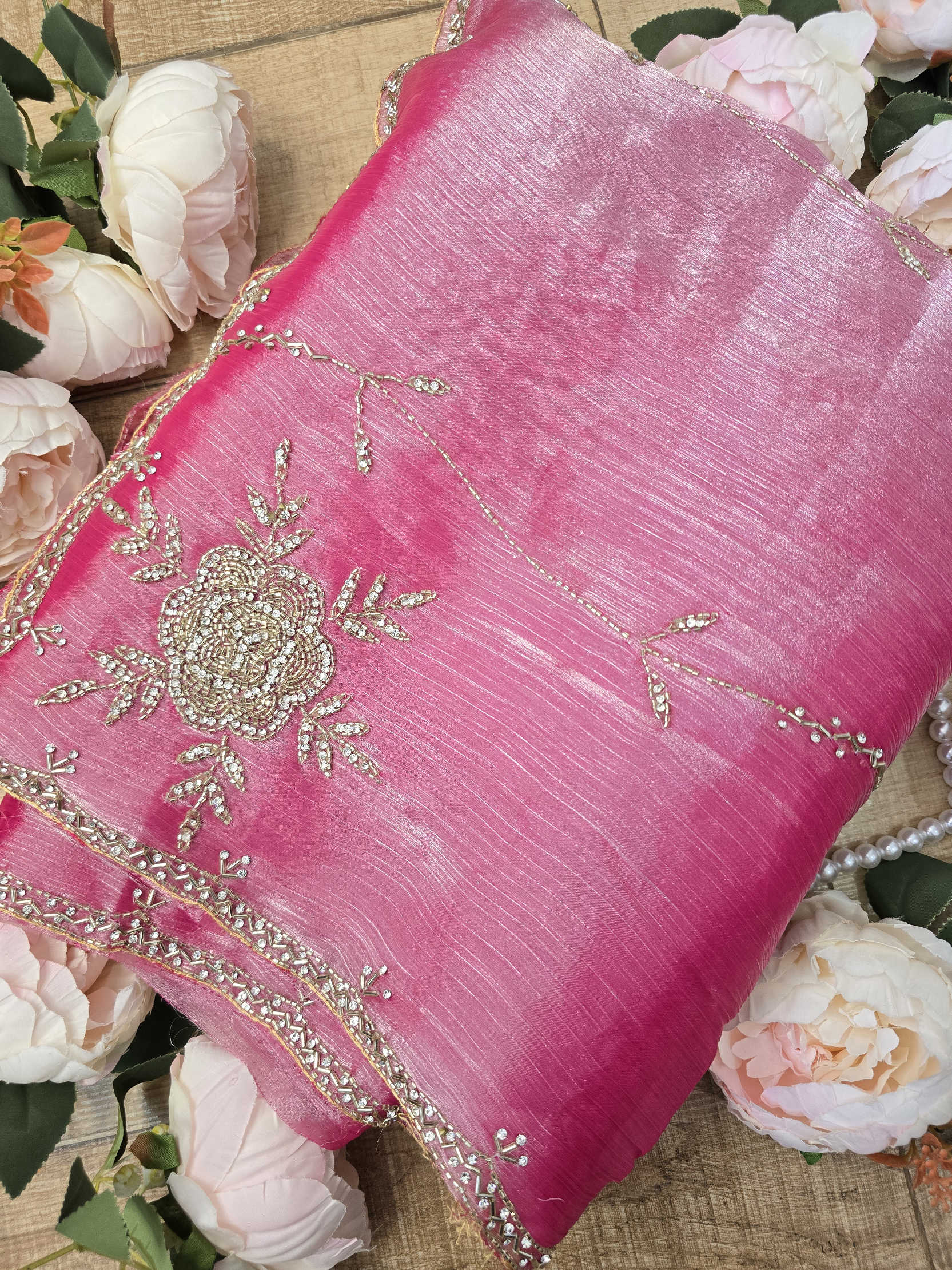 Pink Saree with Intricate Rose Embroidery, Silver Cut Dana, and Stone Work