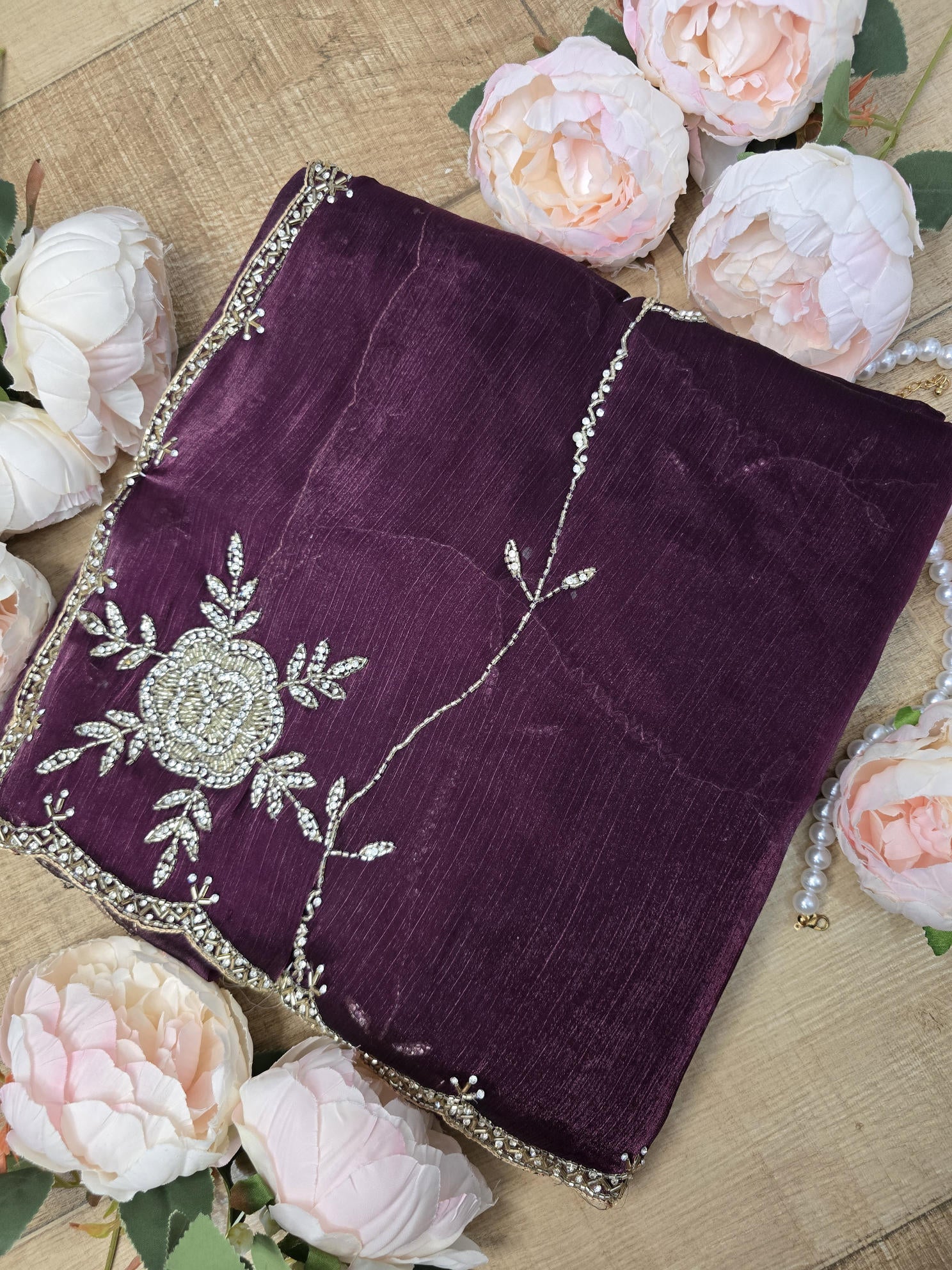 Victorian Purple Saree with Intricate Rose Embroidery, Silver Cut Dana, and Stone Work