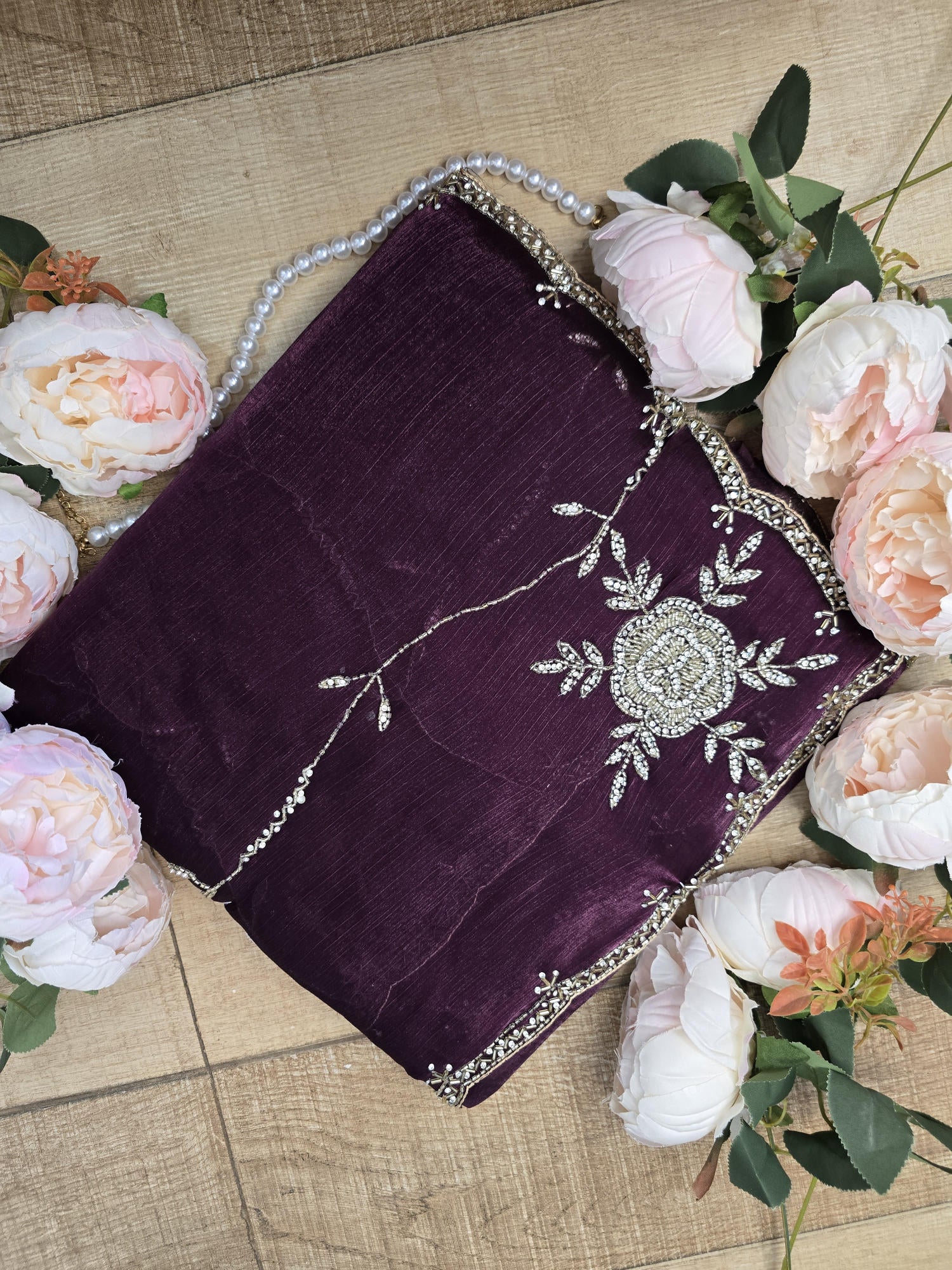 Victorian Purple Saree with Intricate Rose Embroidery, Silver Cut Dana, and Stone Work