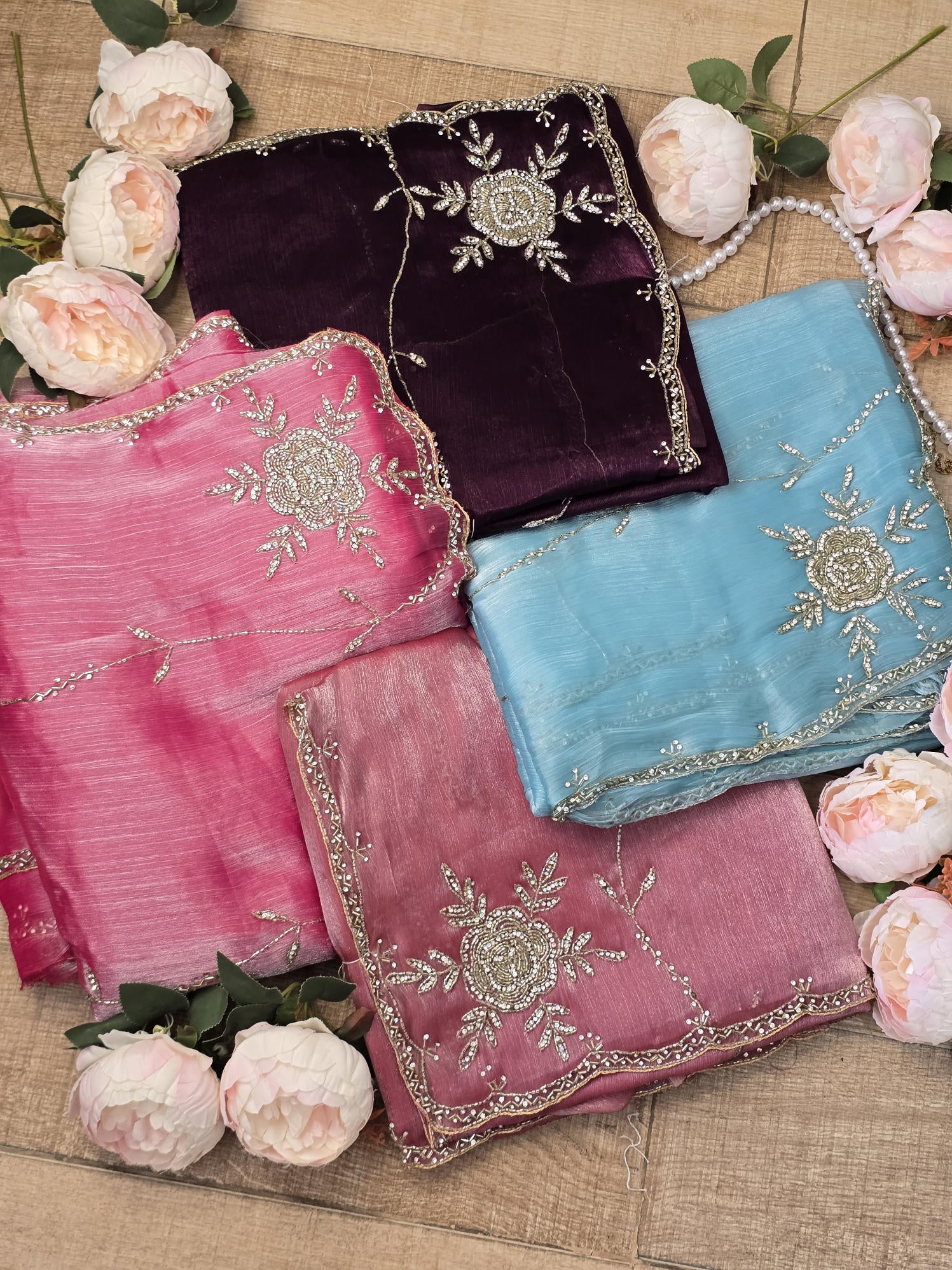 Victorian Purple Saree with Intricate Rose Embroidery, Silver Cut Dana, and Stone Work