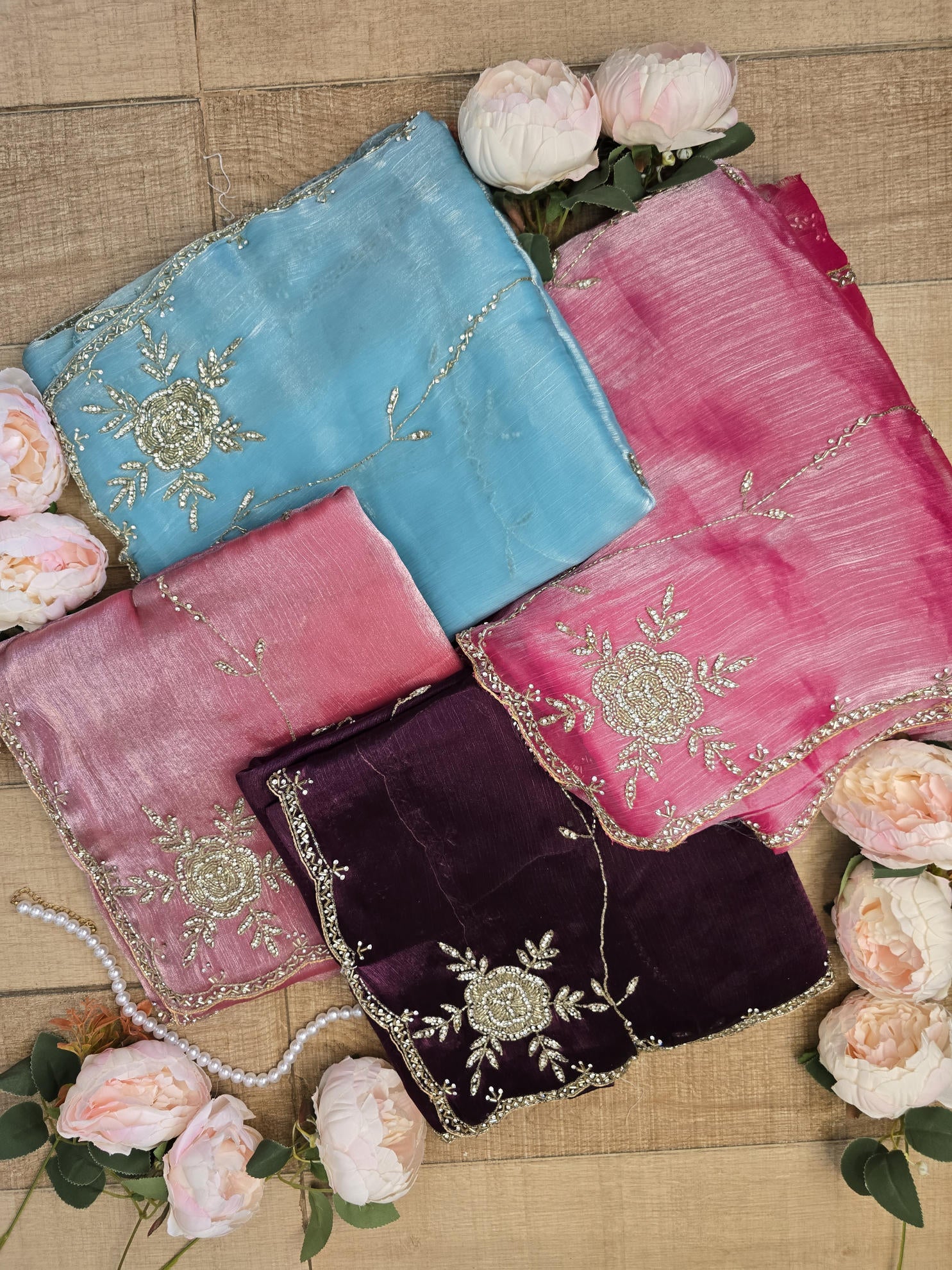 Victorian Purple Saree with Intricate Rose Embroidery, Silver Cut Dana, and Stone Work