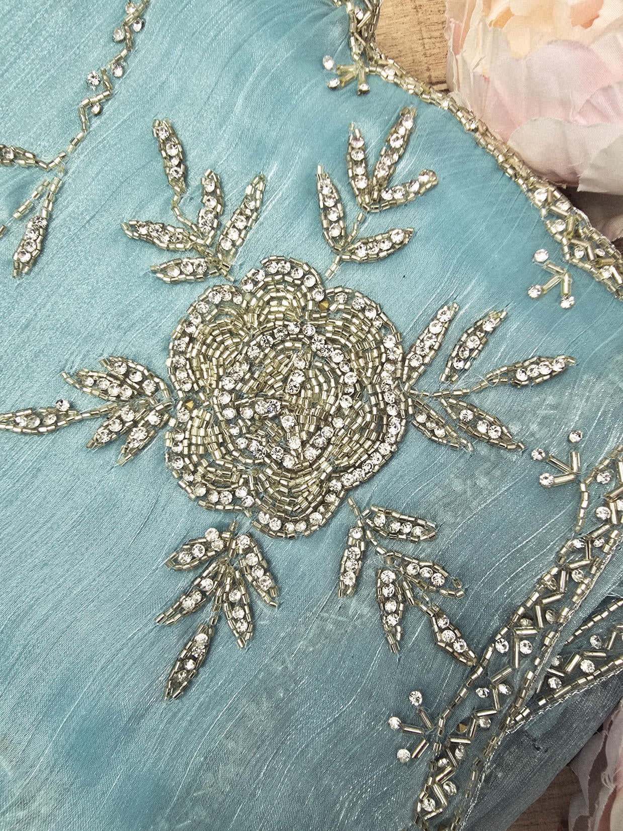 Light Sky Saree with Intricate Rose Embroidery, Silver Cut Dana, and Stone Work