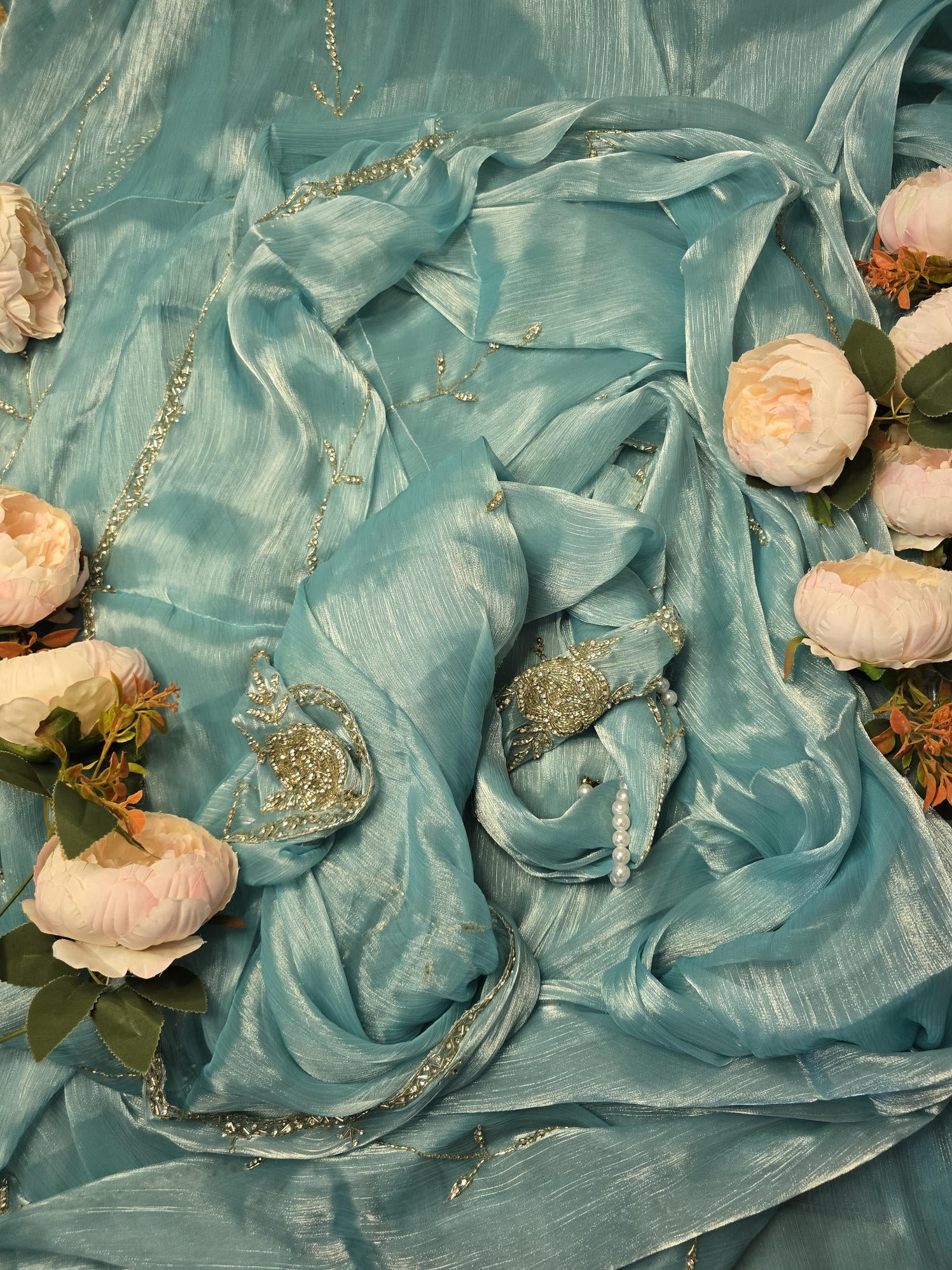 Light Sky Saree with Intricate Rose Embroidery, Silver Cut Dana, and Stone Work