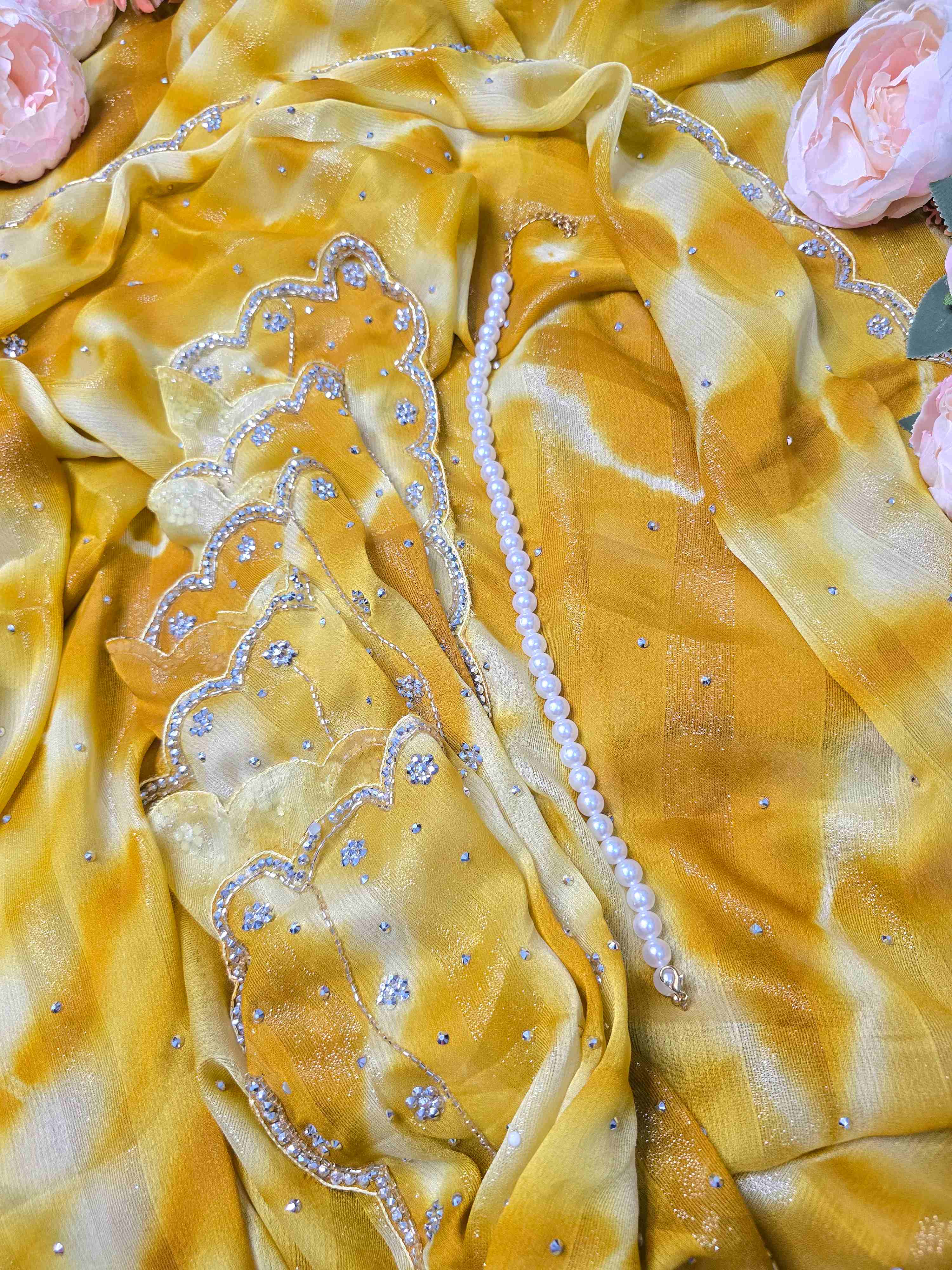 Yellow Embellished Bandhani Style Saree with Cut Dana Handwork