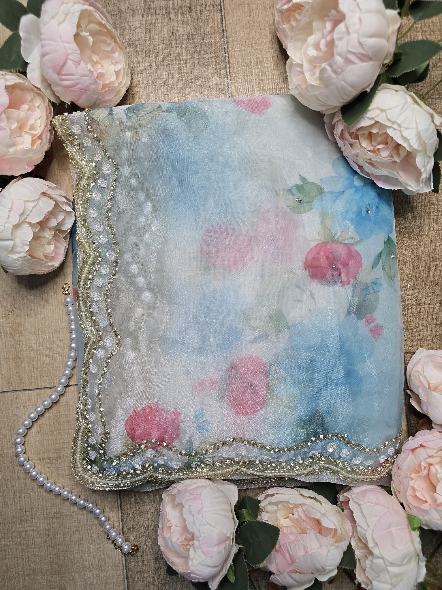 Glacial Blue Floral Print Organza Saree with Pearl & Crystal Border