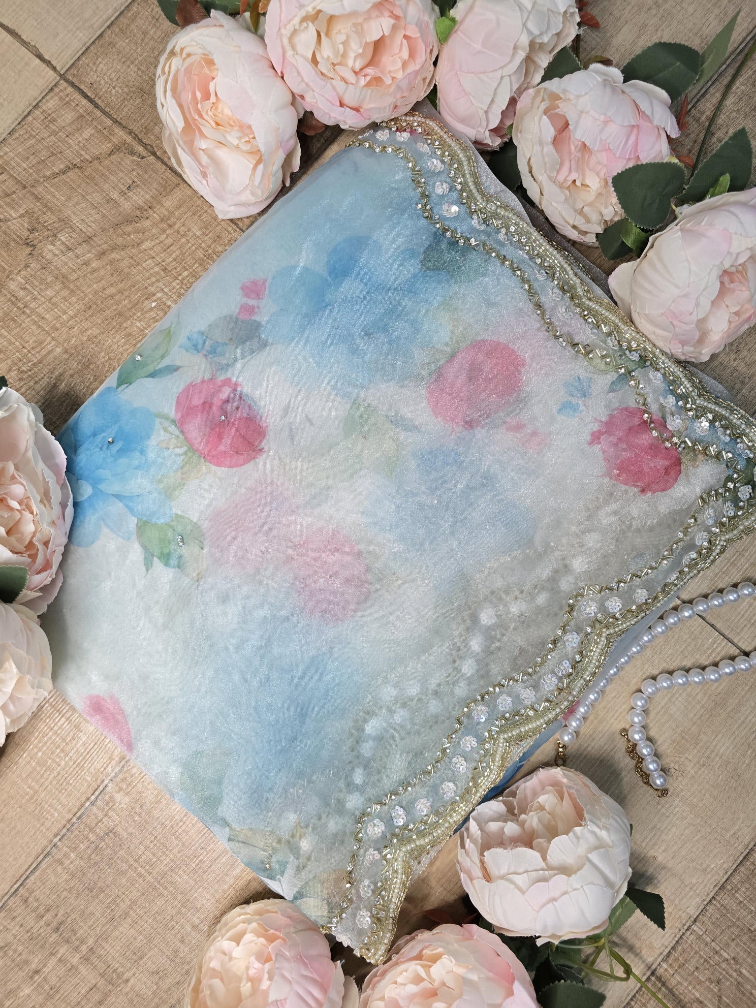 Glacial Blue Floral Print Organza Saree with Pearl & Crystal Border