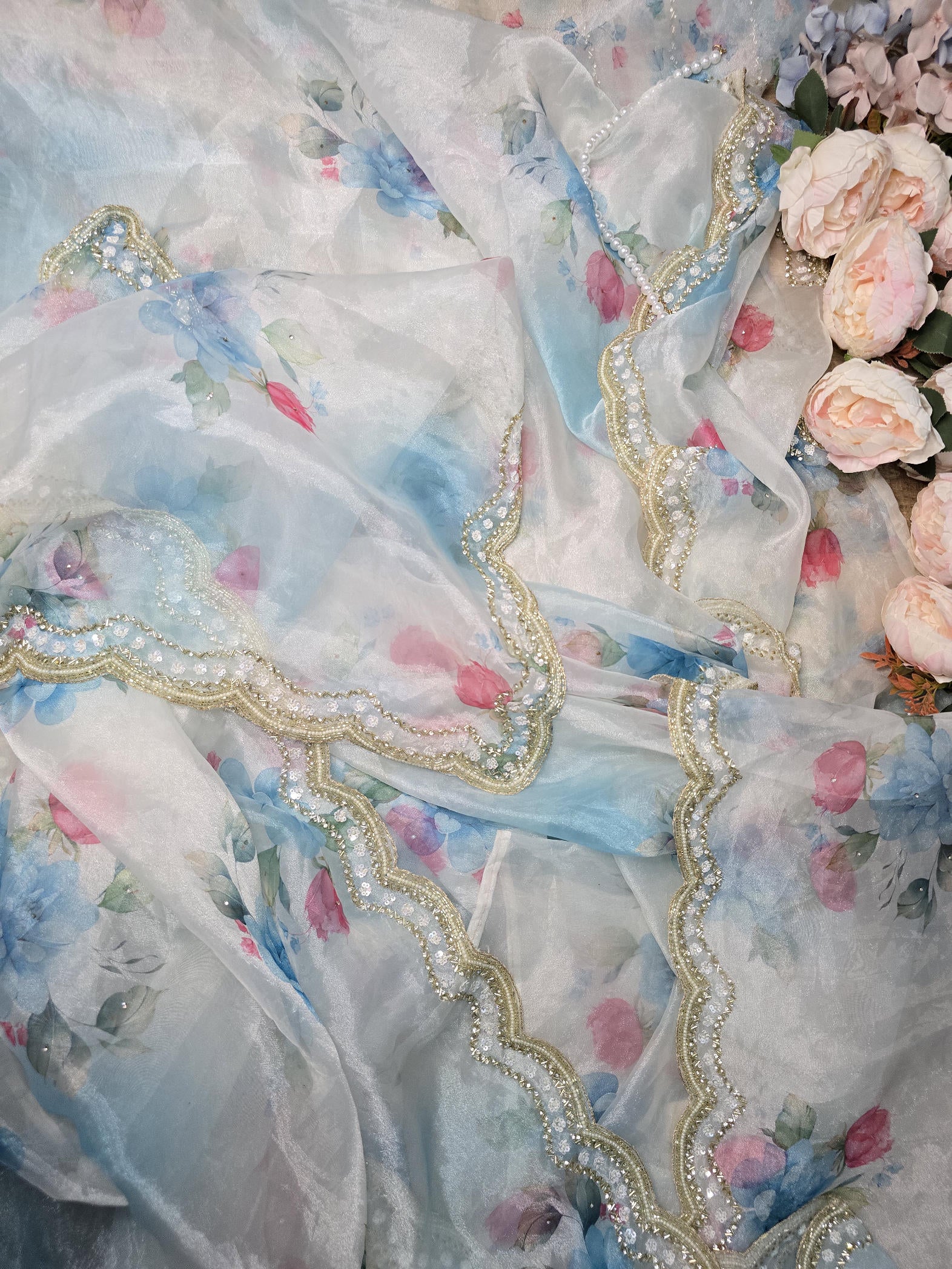 Glacial Blue Floral Print Organza Saree with Pearl & Crystal Border