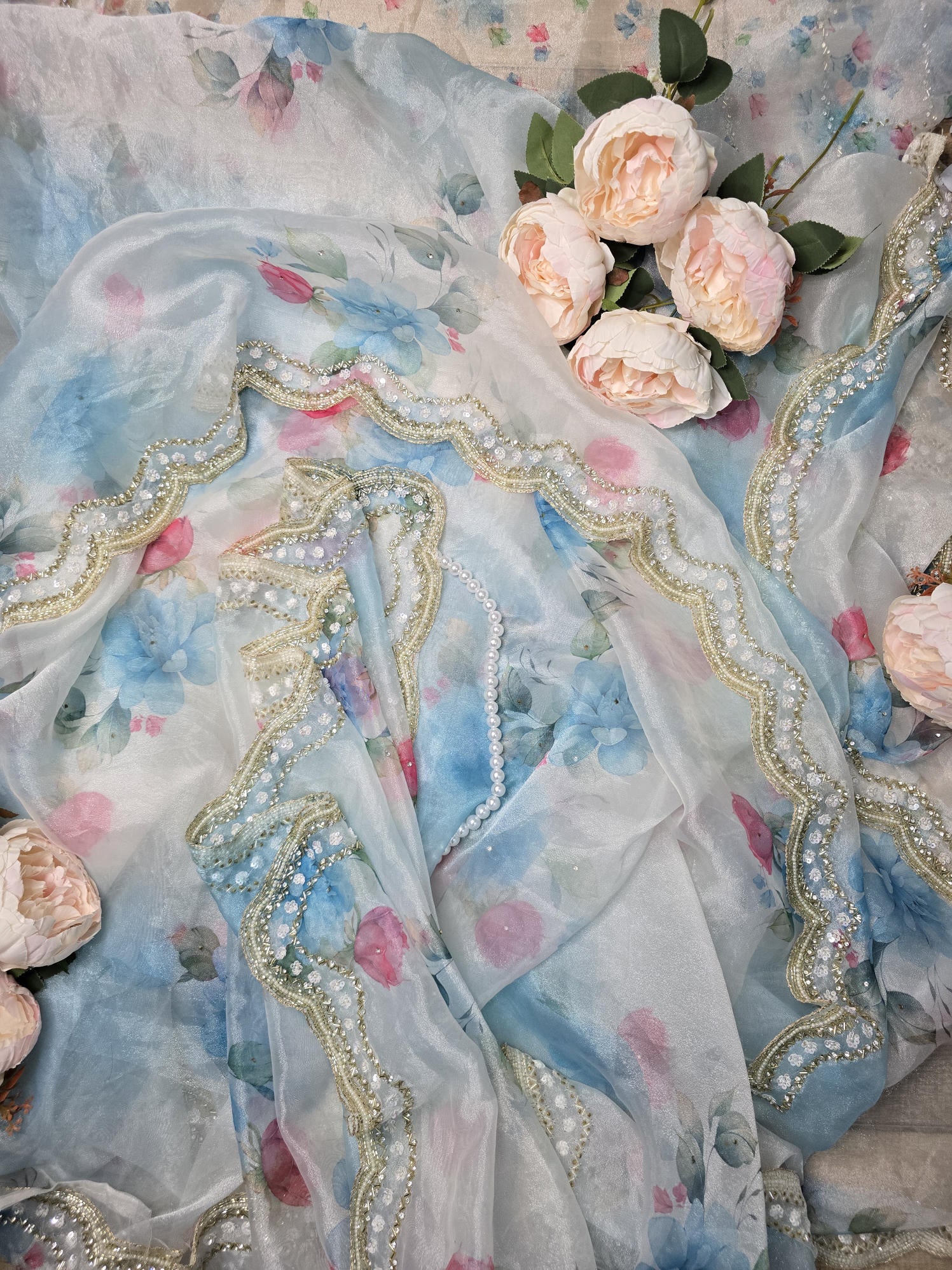 Glacial Blue Floral Print Organza Saree with Pearl & Crystal Border