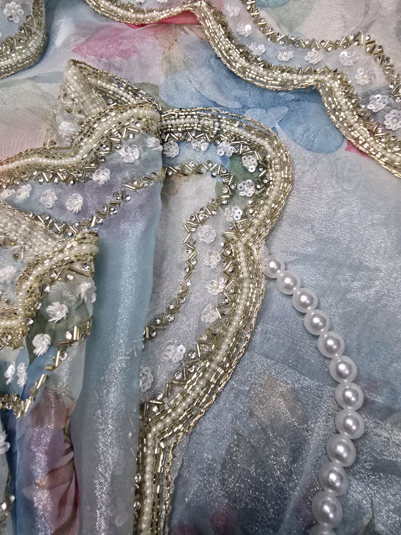 Glacial Blue Floral Print Organza Saree with Pearl & Crystal Border