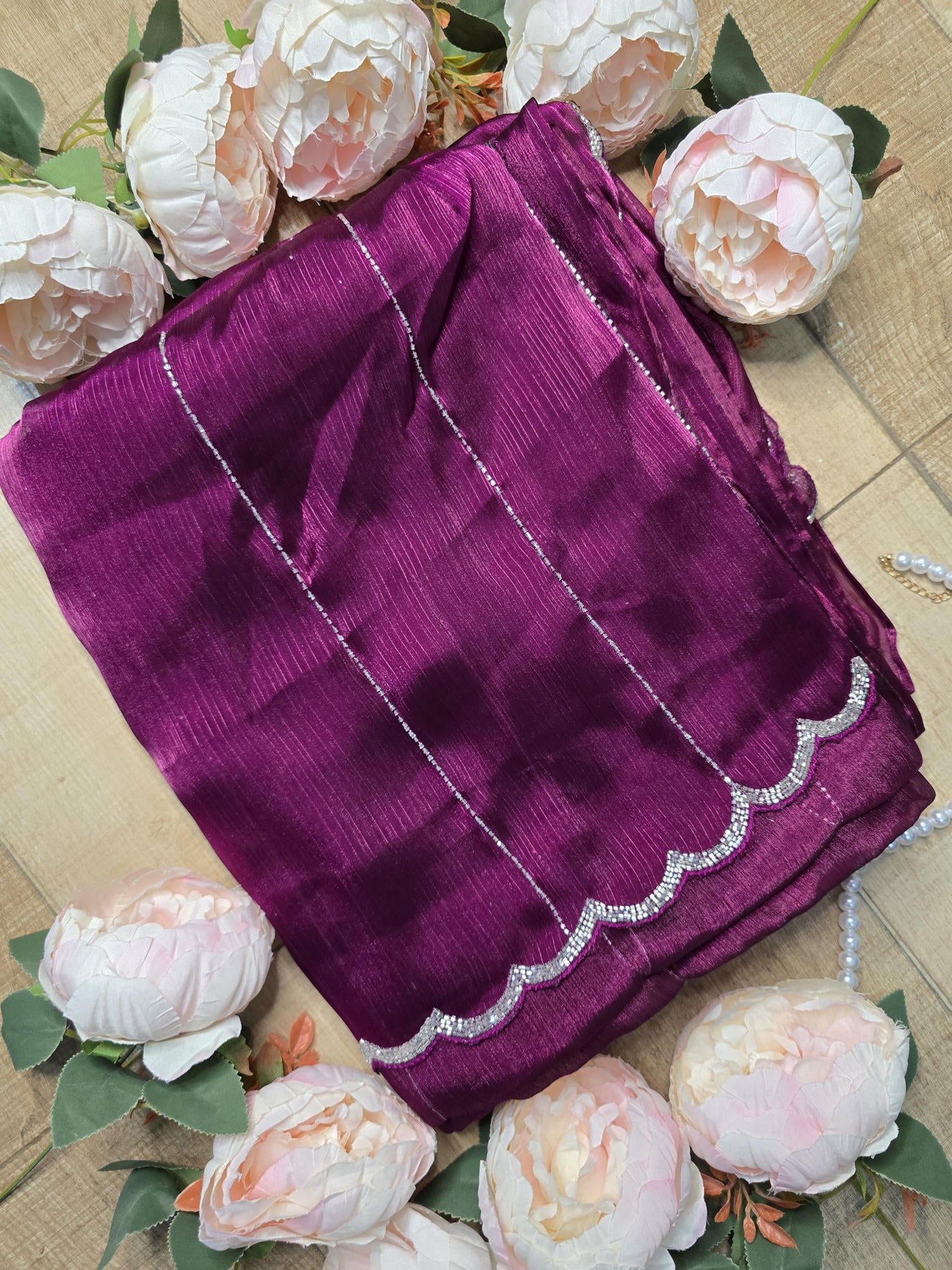 Magenta Jimmy Choo Embellished Border Saree with Elegant Silver Cut Dana Detailing