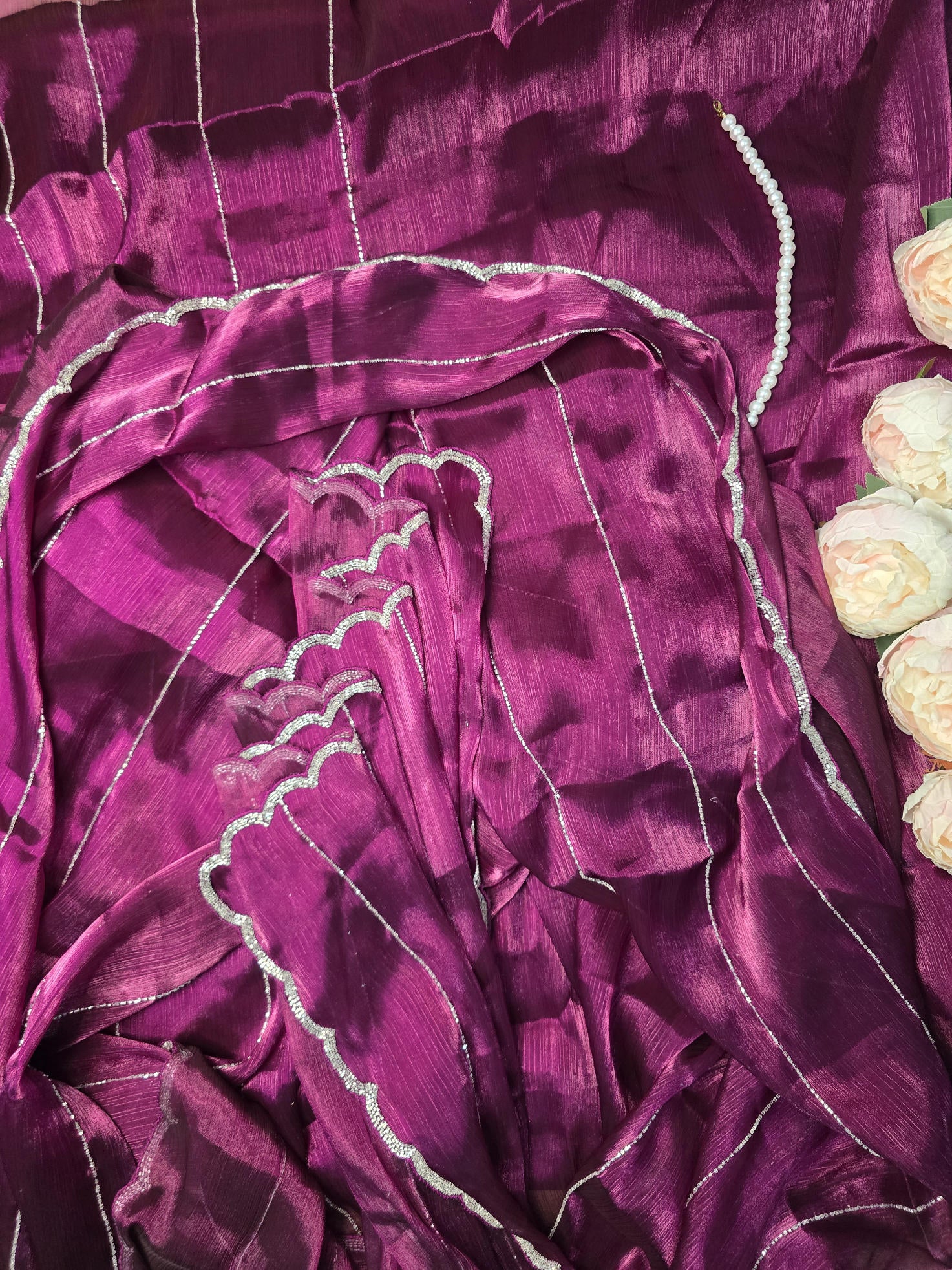 Magenta Jimmy Choo Embellished Border Saree with Elegant Silver Cut Dana Detailing