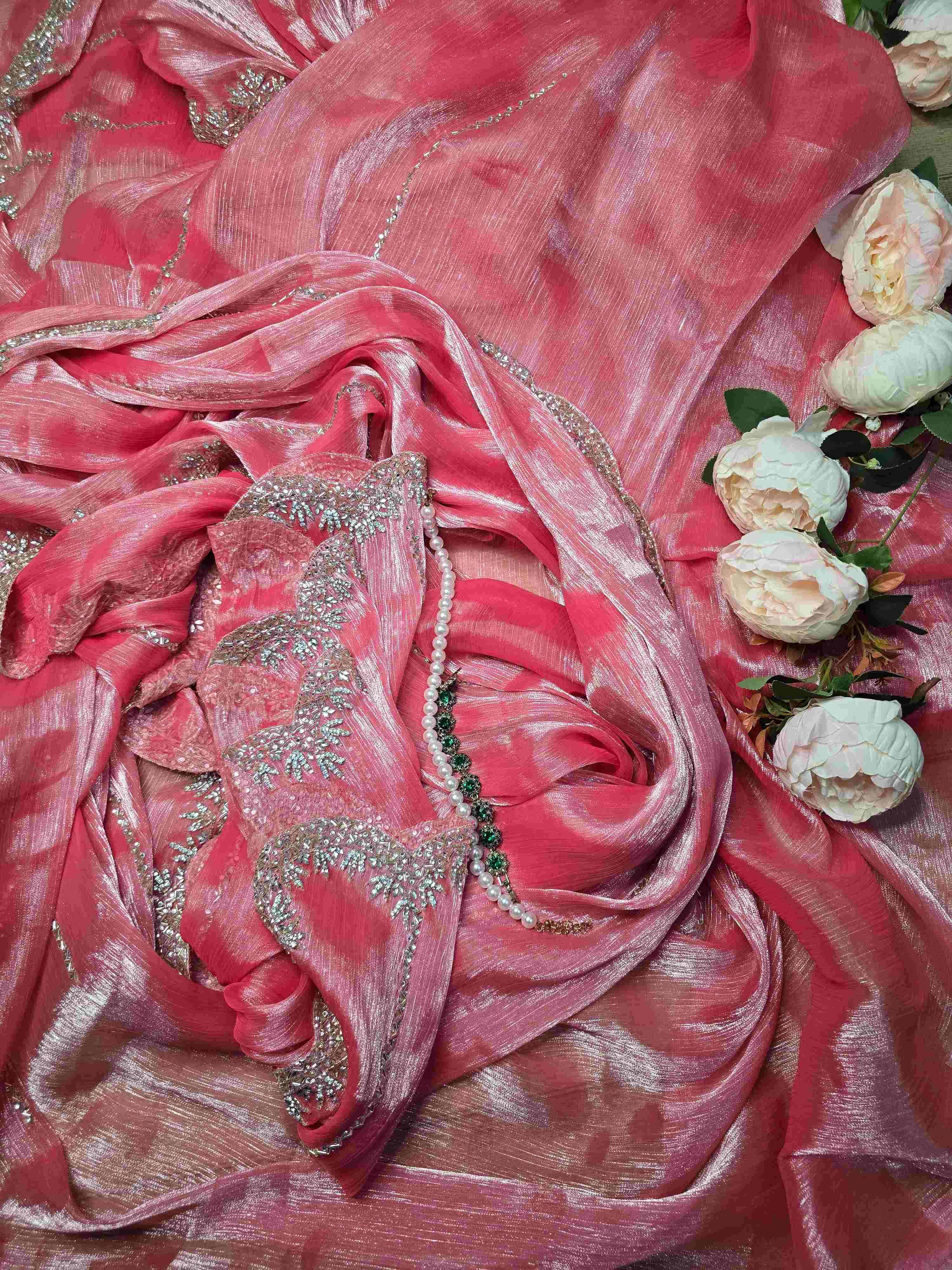 Hot Pink Jimmy Choo Saree with Delicate Embroidery, Silver Cut Dana, and Crystal Detailing